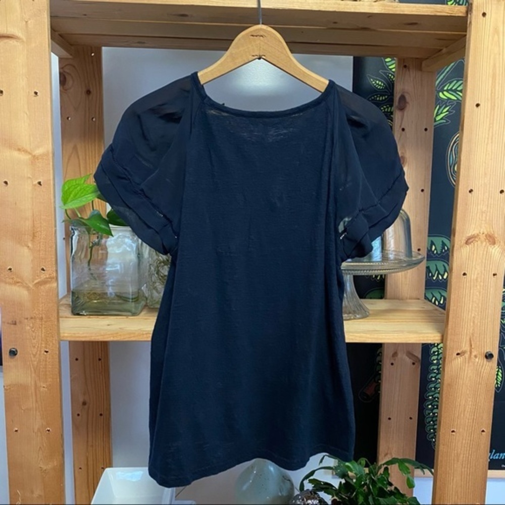 Rebecca Taylor navy blue sheer silk sleeve linen top - Picture 3 of 13